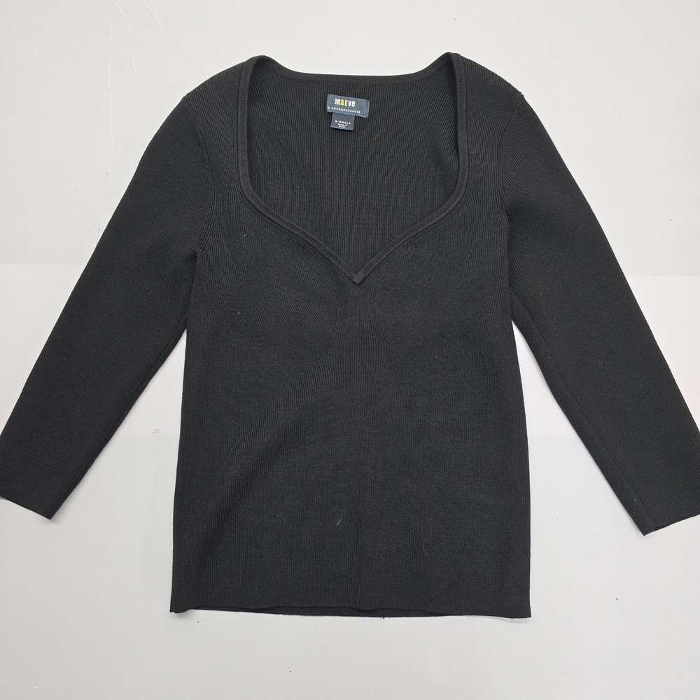 Maeve‎ Anthropologie Black Ribbed Sweetheart Neck Long Sleeve Top OB1671930 XS